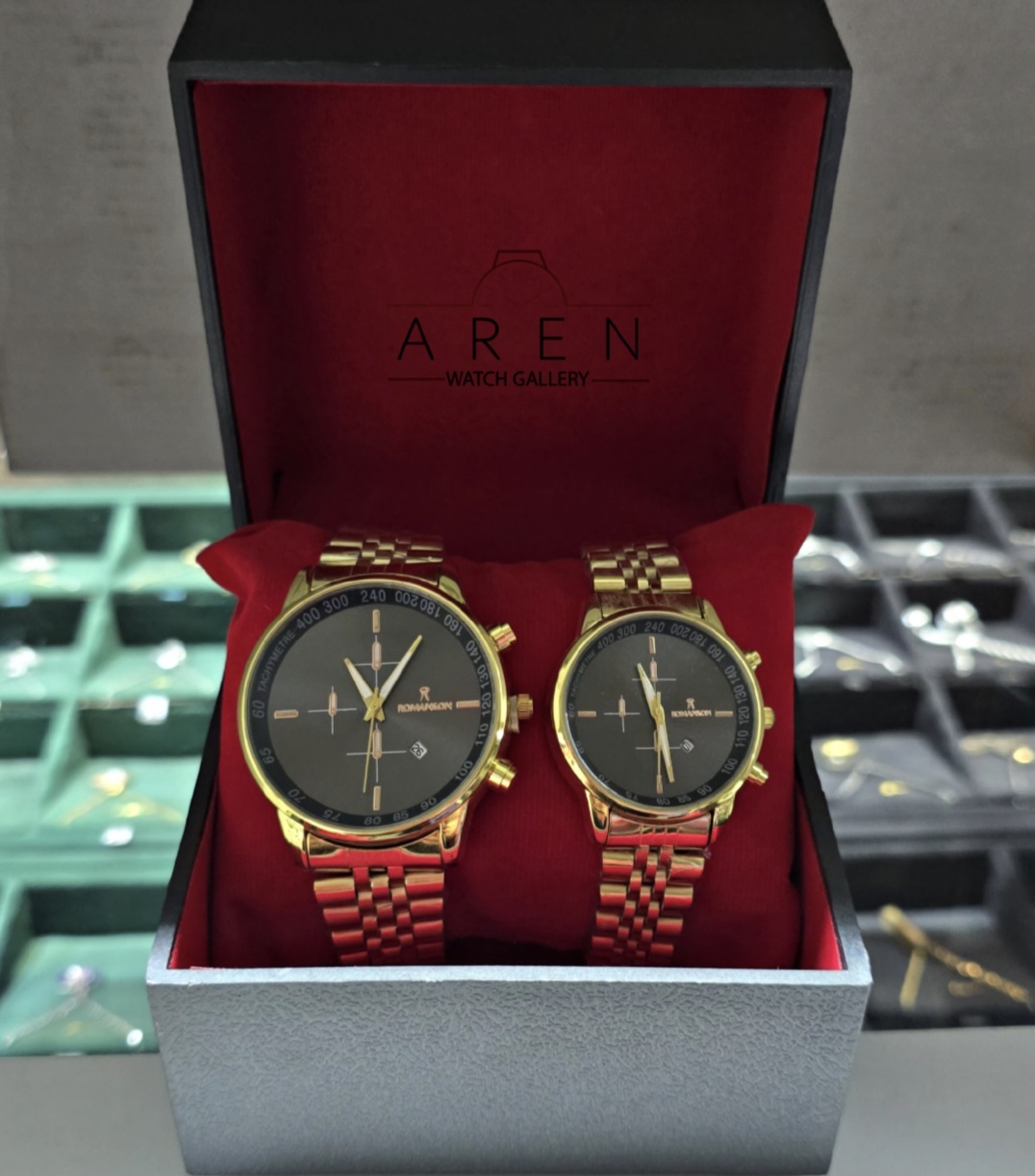 ست ساعت مچی مردانه و زنانه رومانسون بند استیل طلایی